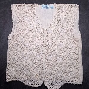Vtg 90s Fitting Image Sweater Vest Women 18/20 Cream Crochet Button Ramie Cotton